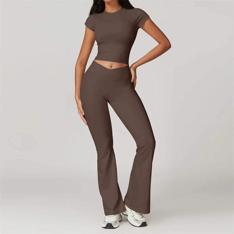 CHLOE SET - BROWN Sports T-shirt & Scrunch Flared Leggings