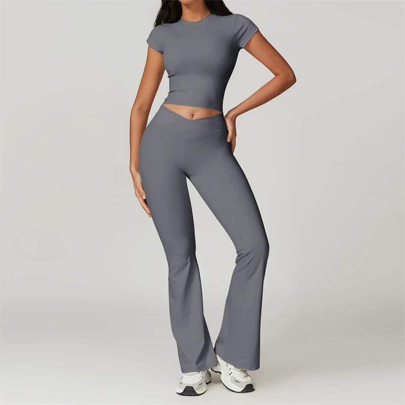 CHLOE SET - GREY Sports T-shirt & Scrunch Flared Leggings
