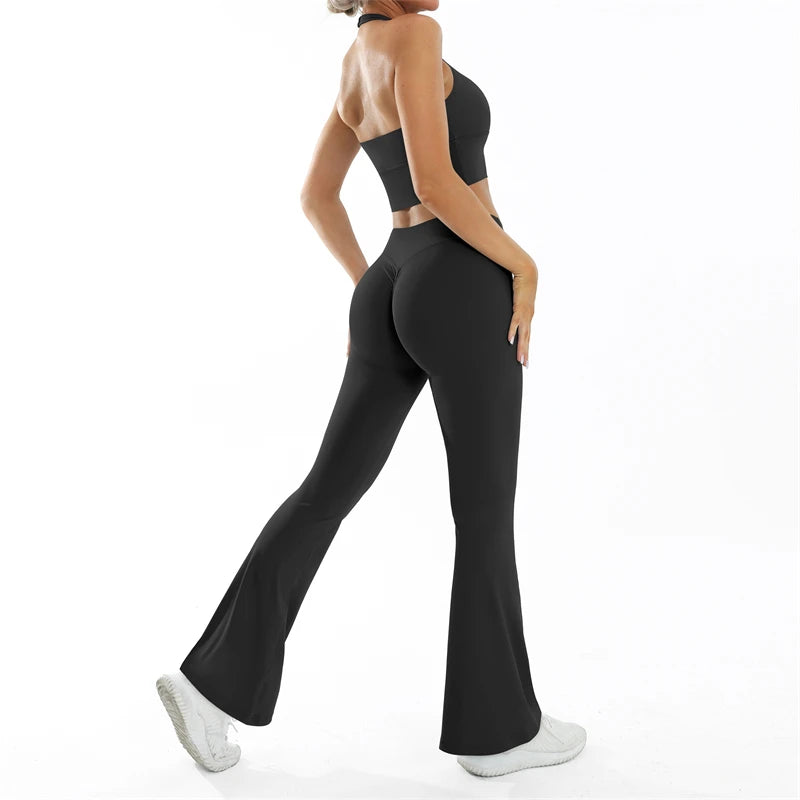 ELLA SET - BLACK Halter Bra & Scrunch Flared Leggings