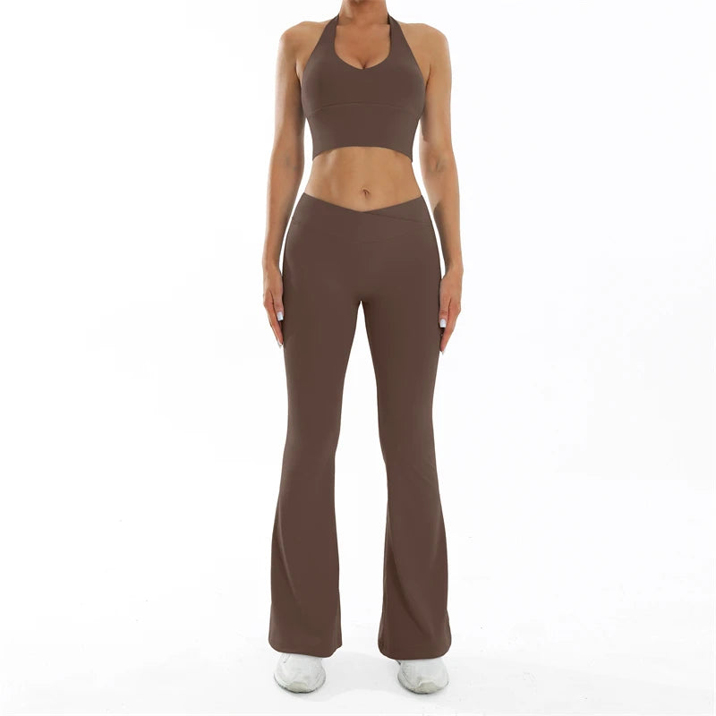 ELLA SET - BROWN Halter Bra & Scrunch Flared Leggings