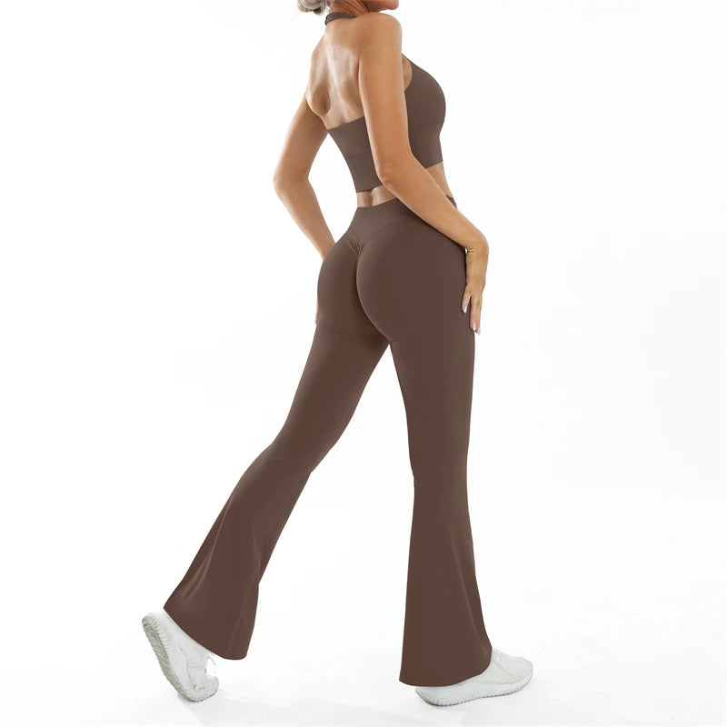 ELLA SET - BROWN Halter Bra & Scrunch Flared Leggings