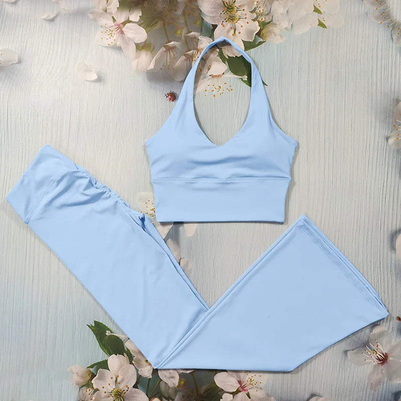 ELLA SET - LIGHT BLUE Halter Bra & Scrunch Flared Leggings