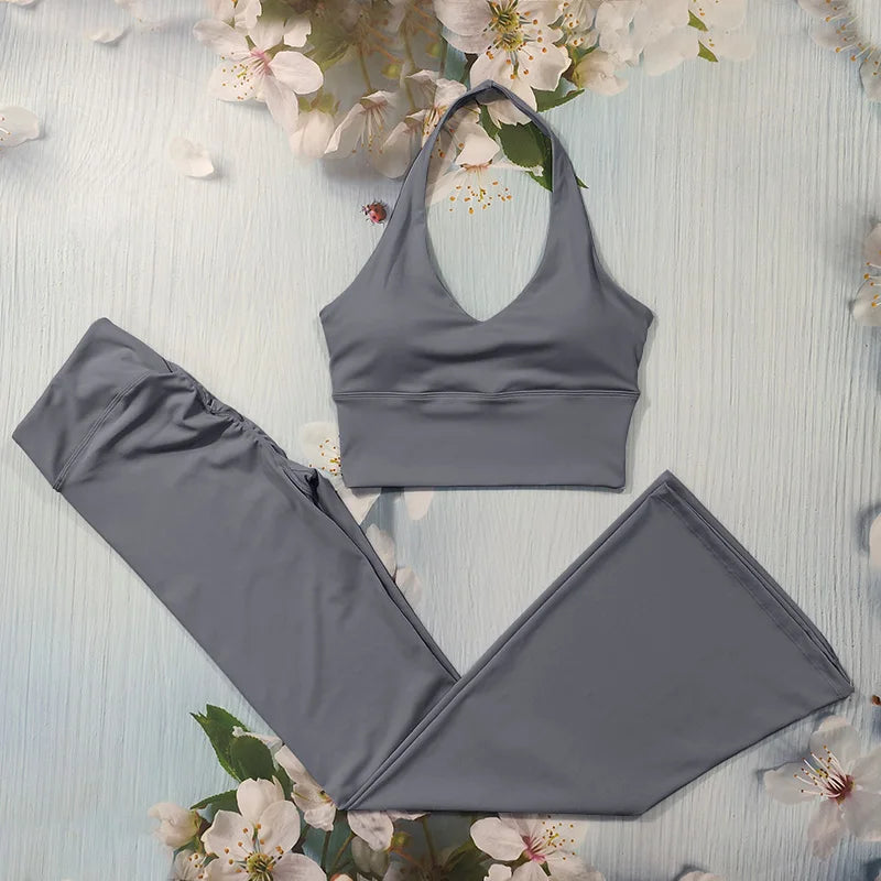 ELLA SET - GREY Halter Bra & Scrunch Flared Leggings