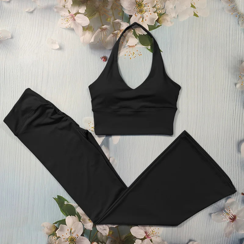 ELLA SET - BLACK Halter Bra & Scrunch Flared Leggings