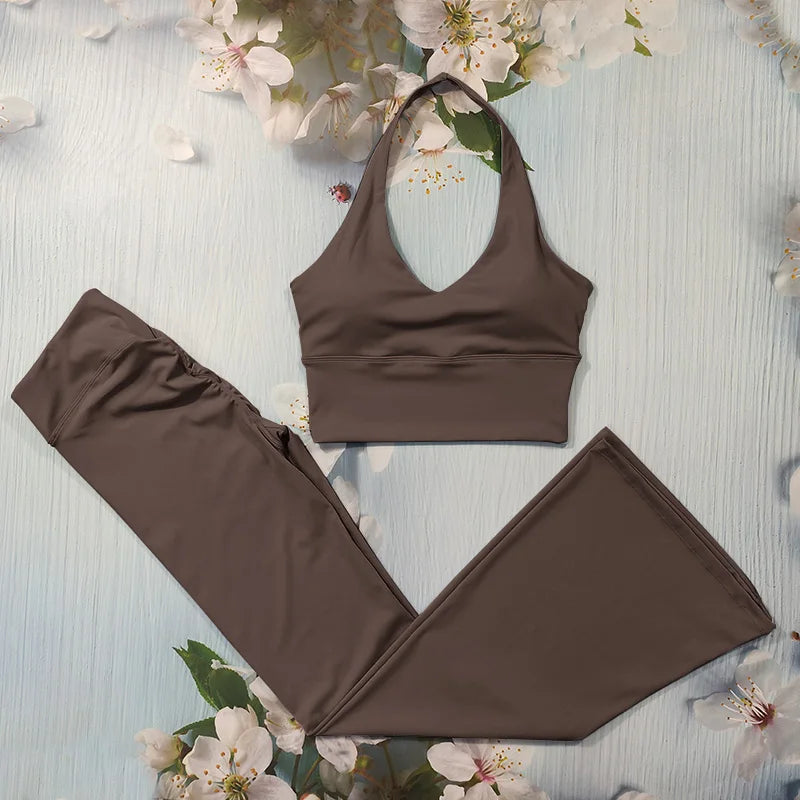ELLA SET - BROWN Halter Bra & Scrunch Flared Leggings