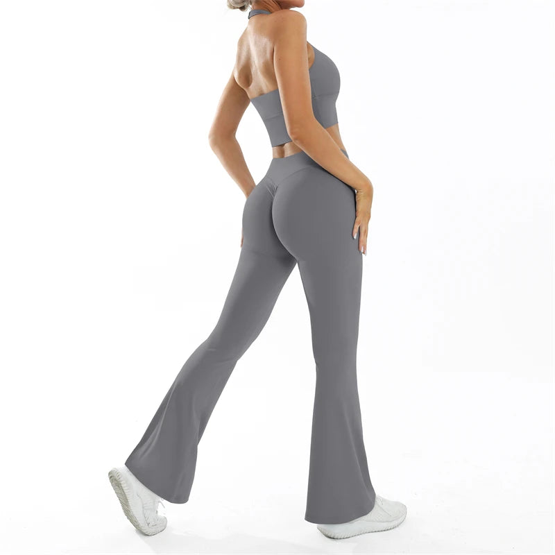 ELLA SET - GREY Halter Bra & Scrunch Flared Leggings