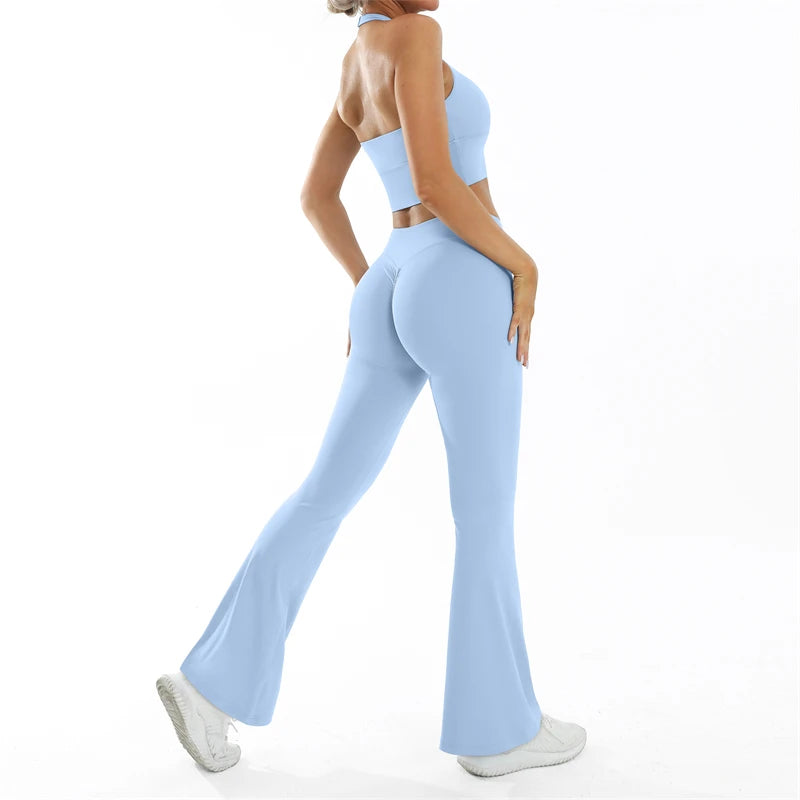ELLA SET - LIGHT BLUE Halter Bra & Scrunch Flared Leggings