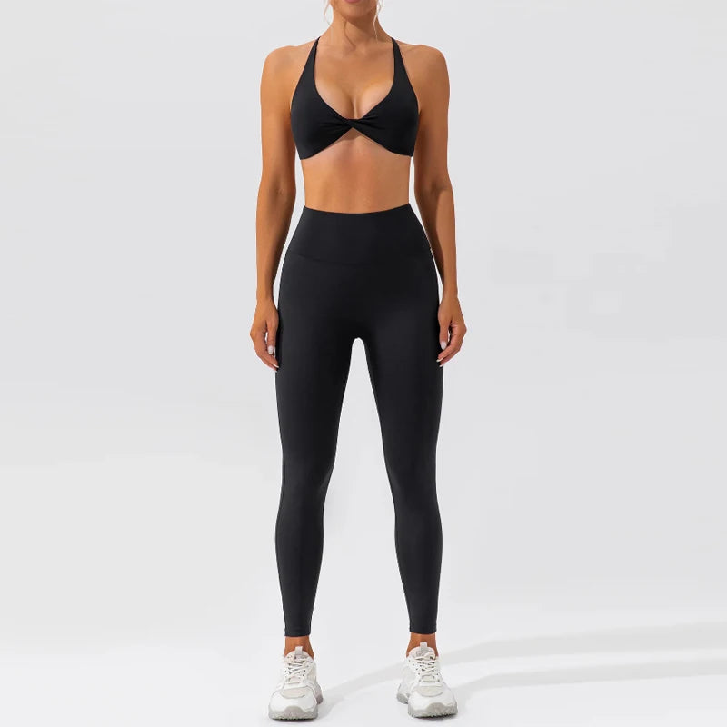 NOA SET - BLACK Twist Halter Bra & Scrunch Leggings